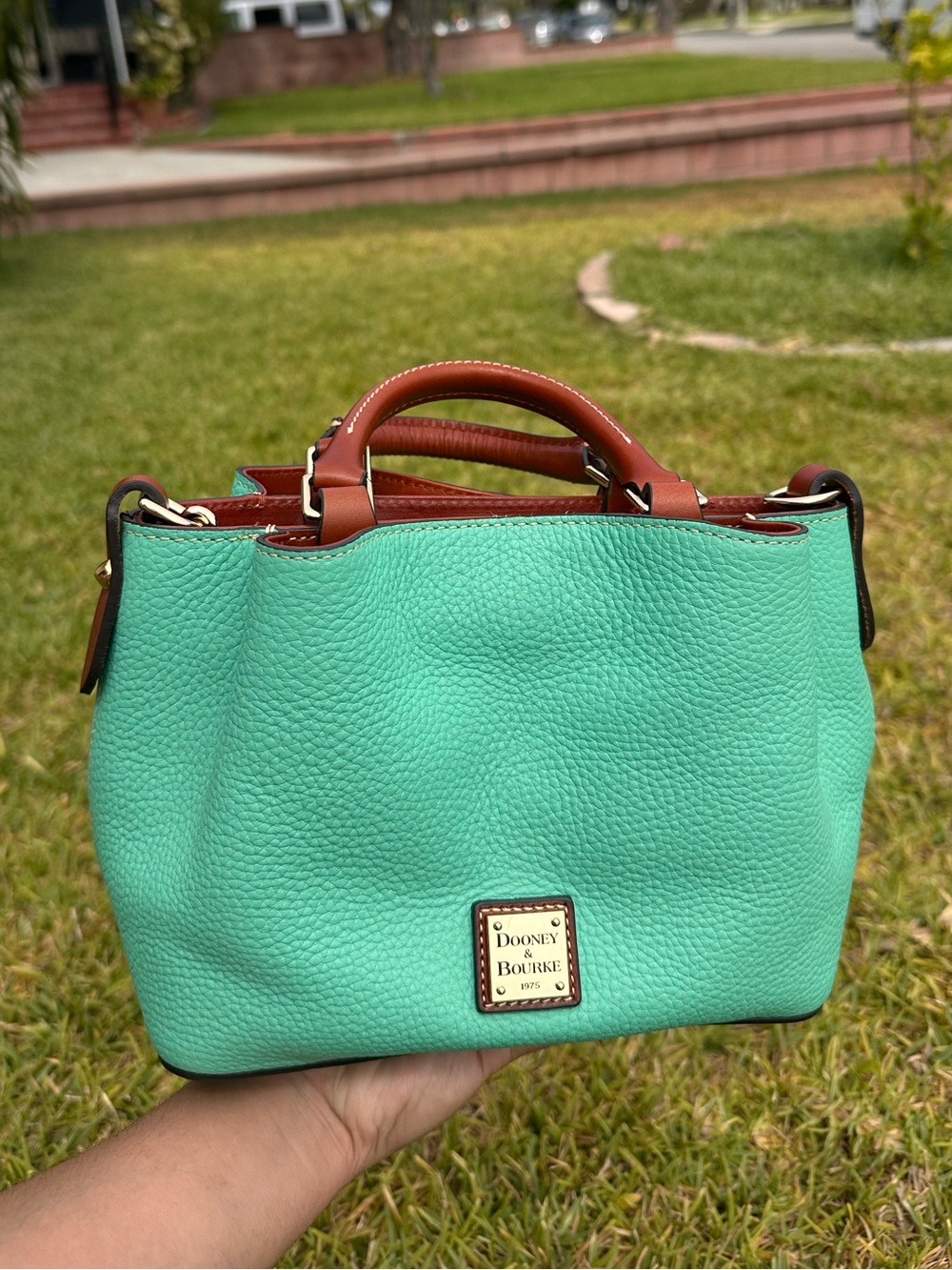 Dooney & Bourke Turquoise Pebbled Leather Satchel with Brown Trim